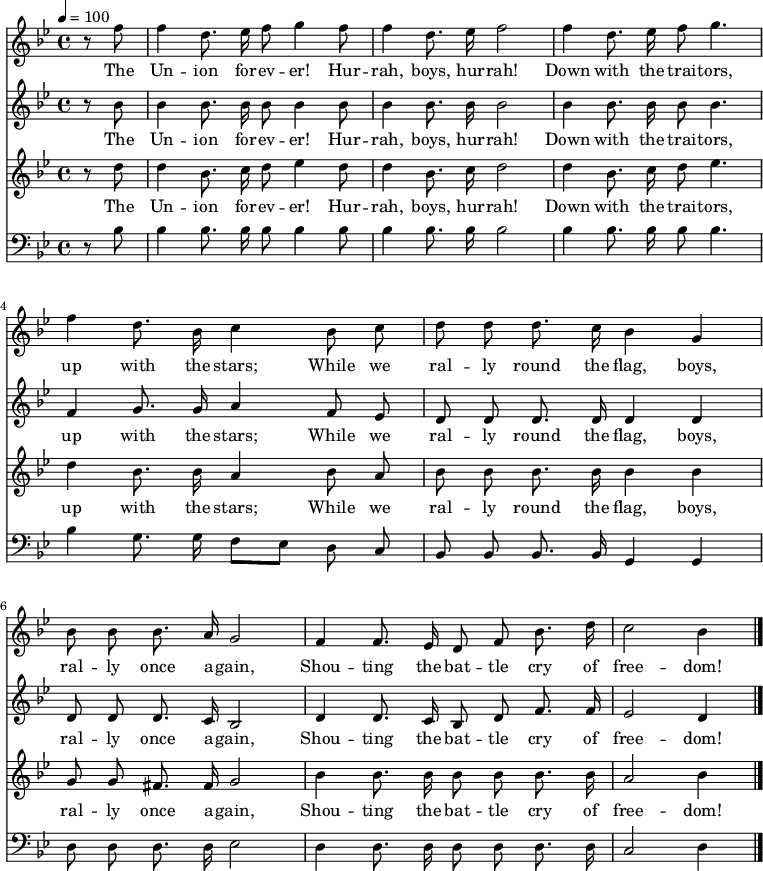 

\version "2.12.3"

\language "deutsch"

\header {
  tagline = ""
}

\layout {
  indent = #0
} 

akkorde = \chordmode {
    \germanChords
    \set chordChanges = ##t

}

global = {
  \autoBeamOff
  \tempo 4 = 100
  \clef treble
  \key b \major
  \time 4/4
}

air = \relative c'' {
  \global
  \partial 4 r8 f f4 d8. es16 f8 g4 f8
  f4 d8. es16 f2
  f4 d8. es16 f8 g4.
  f4 d8. b16 c4 b8 c
  d8 d d8. c16 b4 g
  b8 b b8. a16 g2
  f4 f8. es16 d8 f b8. d16
  c2 b4
  \bar "|."
}

alto = \relative c'' {
  \global
  \partial 4 r8 b b4 b8. b16 b8 b4 b8
  b4 b8. b16 b2
  b4 b8. b16 b8 b4.
  f4 g8. g16 a4 f8 es
  d8 d d8. d16 d4 d
  d8 d d8. c16 b2
  d4 d8. c16 b8 d f8. f16
  es2 d4
  \bar "|."
}

tenor = \relative c'' {
  \global
  \partial 4 r8 d d4 b8. c16 d8 es4 d8
  d4 b8. c16 d2
  d4 b8. c16 d8 es4.
  d4 b8. b16 a4 b8 a
  b8 b b8. b16 b4 b
  g8 g fis8. fis16 g2
  b4 b8. b16 b8 b b8. b16
  a2 b4
  \bar "|."
}

bass = \relative c' {
  \global
  \clef "bass"
  \partial 4 r8 b b4 b8. b16 b8 b4 b8
  b4 b8. b16 b2
  b4 b8. b16 b8 b4.
  b4 g8. g16 f8[ es] d8 c
  b8 b b8. b16 g4 g
  d'8 d d8. d16 es2 %falsch
  d4 d8. d16 d8 d d8. d16 %falsch
  c2 d4 %falsch
  \bar "|."
}

text = \lyricmode {
The Un -- ion for -- ev -- er! Hur -- rah, boys, hur -- rah!
Down with the trai -- tors, up with the stars;
While we ral -- ly round the flag, boys, ral -- ly once a -- gain,
Shou -- ting the bat -- tle cry of free -- dom!
}

\score {
  <<
%    \new ChordNames { \akkorde }
    \new Voice = "Lied" { \air}
    \new Lyrics \lyricsto "Lied" { \text }
    \new Voice = "Lied" { \alto}
    \new Lyrics \lyricsto "Lied" { \text }
    \new Voice = "Lied" { \tenor}
    \new Lyrics \lyricsto "Lied" { \text }
    \new Voice = "Lied" { \bass}
  >>
\midi {}
\layout {}
}
