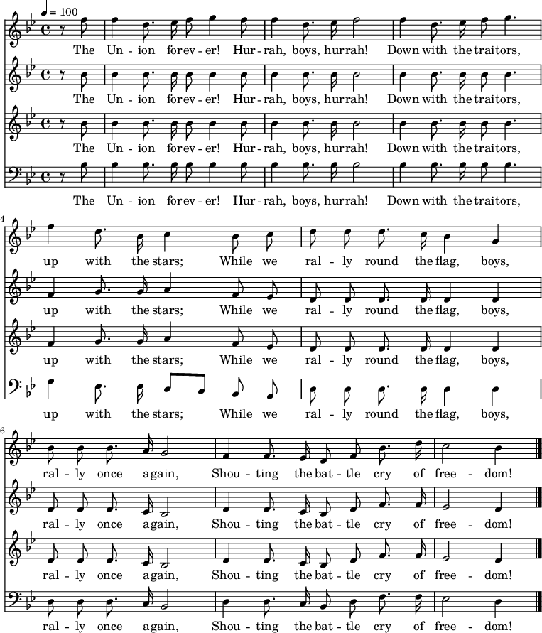 

\version "2.12.3"

\language "deutsch"

\header {
  tagline = ""
}

\layout {
  indent = #0
} 

akkorde = \chordmode {
    \germanChords
    \set chordChanges = ##t

}

global = {
  \autoBeamOff
  \tempo 4 = 100
  \clef treble
  \key b \major
  \time 4/4
}

air = \relative c'' {
  \global
  \partial 4 r8 f f4 d8. es16 f8 g4 f8
  f4 d8. es16 f2
  f4 d8. es16 f8 g4.
  f4 d8. b16 c4 b8 c
  d8 d d8. c16 b4 g
  b8 b b8. a16 g2
  f4 f8. es16 d8 f b8. d16
  c2 b4
  \bar "|."
}

alto = \relative c'' {
  \global
  \partial 4 r8 b b4 b8. b16 b8 b4 b8
  b4 b8. b16 b2
  b4 b8. b16 b8 b4.
  f4 g8. g16 a4 f8 es
  d8 d d8. d16 d4 d
  d8 d d8. c16 b2
  d4 d8. c16 b8 d f8. f16
  es2 d4
  \bar "|."
}

tenor = \relative c'' {
  \global
  \partial 4 r8 b b4 b8. b16 b8 b4 b8
  b4 b8. b16 b2
  b4 b8. b16 b8 b4.
  f4 g8. g16 a4 f8 es
  d8 d d8. d16 d4 d
  d8 d d8. c16 b2
  d4 d8. c16 b8 d f8. f16
  es2 d4
  \bar "|."
}

bass = \relative c' {
  \global
  \clef "bass"
  \partial 4 r8 b b4 b8. b16 b8 b4 b8
  b4 b8. b16 b2
  b4 b8. b16 b8 b4.
  g4 es8. es16 d8[ c] b8 a
  d8 d d8. d16 d4 d
  d8 d d8. c16 b2
  d4 d8. c16 b8 d f8. f16
  es2 d4
  \bar "|."
}

text = \lyricmode {
The Un -- ion for -- ev -- er! Hur -- rah, boys, hur -- rah!
Down with the trai -- tors, up with the stars;
While we ral -- ly round the flag, boys, ral -- ly once a -- gain,
Shou -- ting the bat -- tle cry of free -- dom!
}

\score {
  <<
%    \new ChordNames { \akkorde }
    \new Voice = "Lied" { \air}
    \new Lyrics \lyricsto "Lied" { \text }
    \new Voice = "Lied" { \alto}
    \new Lyrics \lyricsto "Lied" { \text }
    \new Voice = "Lied" { \tenor}
    \new Lyrics \lyricsto "Lied" { \text }
    \new Voice = "Lied" { \bass}
    \new Lyrics \lyricsto "Lied" { \text }
  >>
\midi {}
\layout {}
}
