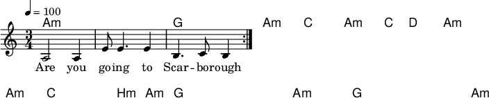 

\version "2.12.3"

\language "deutsch"

\header {
  tagline = ""
}

\layout {
  indent = #0
} 

akkorde = \chordmode {
    \germanChords
    \set chordChanges = ##t
    a1*3/4:m a:m g a:m c a:m c4 d2 a:m a:m a:m c c4 h4:m a4:m g1*3/4 g a:m g g a:m
}

global = {
  \autoBeamOff
  \tempo 4 = 100
  \time 3/4
  \key c \major
}

melodie = \relative c' {
  \global
  a2 a4
  e'8 e4. e4
  h4. c8 h4
  \bar ":|."
}


text = \lyricmode {
Are you go -- ing to Scar -- bo -- rough Fair?
Pars -- ley, sage, rose -- mar -- y and thyme,
Re -- mem -- ber me to one who lives there,
For she once was a true love of mine.
}

\score {
  <<
    \new ChordNames { \akkorde }
    \new Voice = "Lied" { \melodie }
    \new Lyrics \lyricsto "Lied" { \text }
  >>
\midi {}
\layout {}
}
