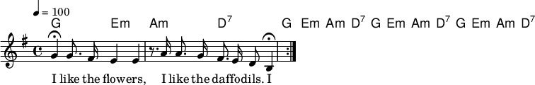 

\version "2.12.3"

\language "deutsch"

\header {
  tagline = ""
}

\layout {
  indent = #0
} 

akkorde = \chordmode {
    \germanChords
    \set chordChanges = ##t
    g2 e:m a:m d:7
    g2 e:m a:m d:7
    g2 e:m a:m d:7
    g2 e:m a:m d:7
}

global = {
  \autoBeamOff
  \tempo 4 = 100
  \time 4/4
  \key g \major
}

melodie = \relative c'' {
  \global
  g4\fermata g8. fis16 e4 e
  r8. a16 a8. g16 fis8. e16 d8
  h4\fermata
  \bar ":|."
}


text = \lyricmode {
I like the flow -- ers, I like the daf -- fo -- dils.
I like the moun -- tains, I like the rol -- ling hills.
I like the fire -- place, when the light is low.
Dum, di da, di dum, di da, di dum, di da, di dum, di da, di.
}

\score {
  <<
    \new ChordNames { \akkorde }
    \new Voice = "Lied" { \melodie }
    \new Lyrics \lyricsto "Lied" { \text }
  >>
\midi {}
\layout {}
}
