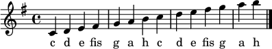 

\version "2.12.3"

\language "deutsch"

\header {
  tagline = ""
}

\layout {
  indent = #0
} 

 akkorde = \chordmode {
}

global = {
  \autoBeamOff
  \time 4/4
  \key g \major
}

melodie = \relative c' {
  \global
  c4 d e fis g a h c d e fis g a h
  \bar "|."
}

text = \lyricmode {
  c d e fis g a h c d e fis g a h
}

\score {
  <<
%   \new ChordNames { \akkorde }
    \new Voice = "Lied" { \melodie }
    \new Lyrics \lyricsto "Lied" { \text }
%    \new Voice = "Lied" { \bass }
  >>
\midi {}
\layout {}
}

